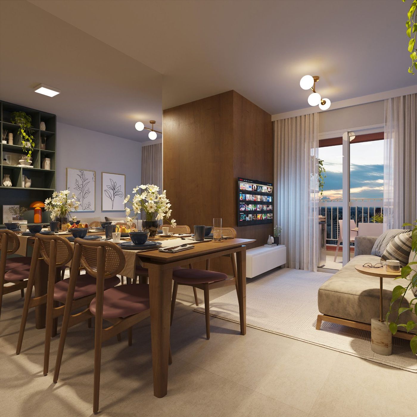 Living e sala de jantar do apartamento de 57 m²