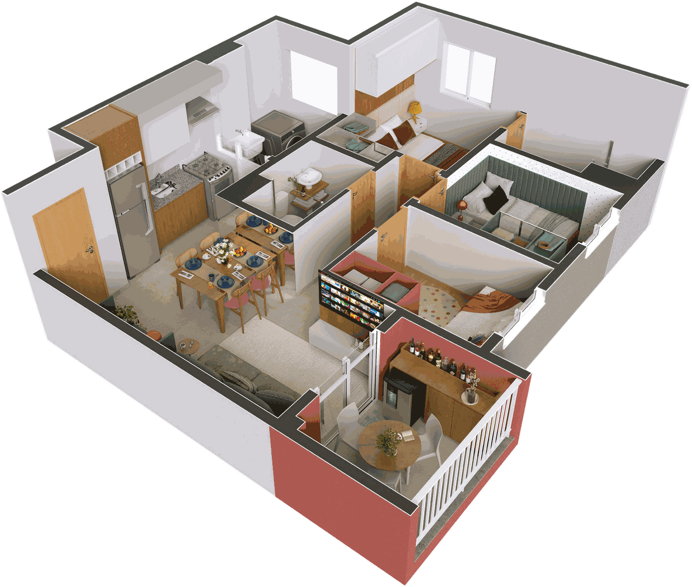 Perspectiva 3D do apartamento de 57 m² vista de cima