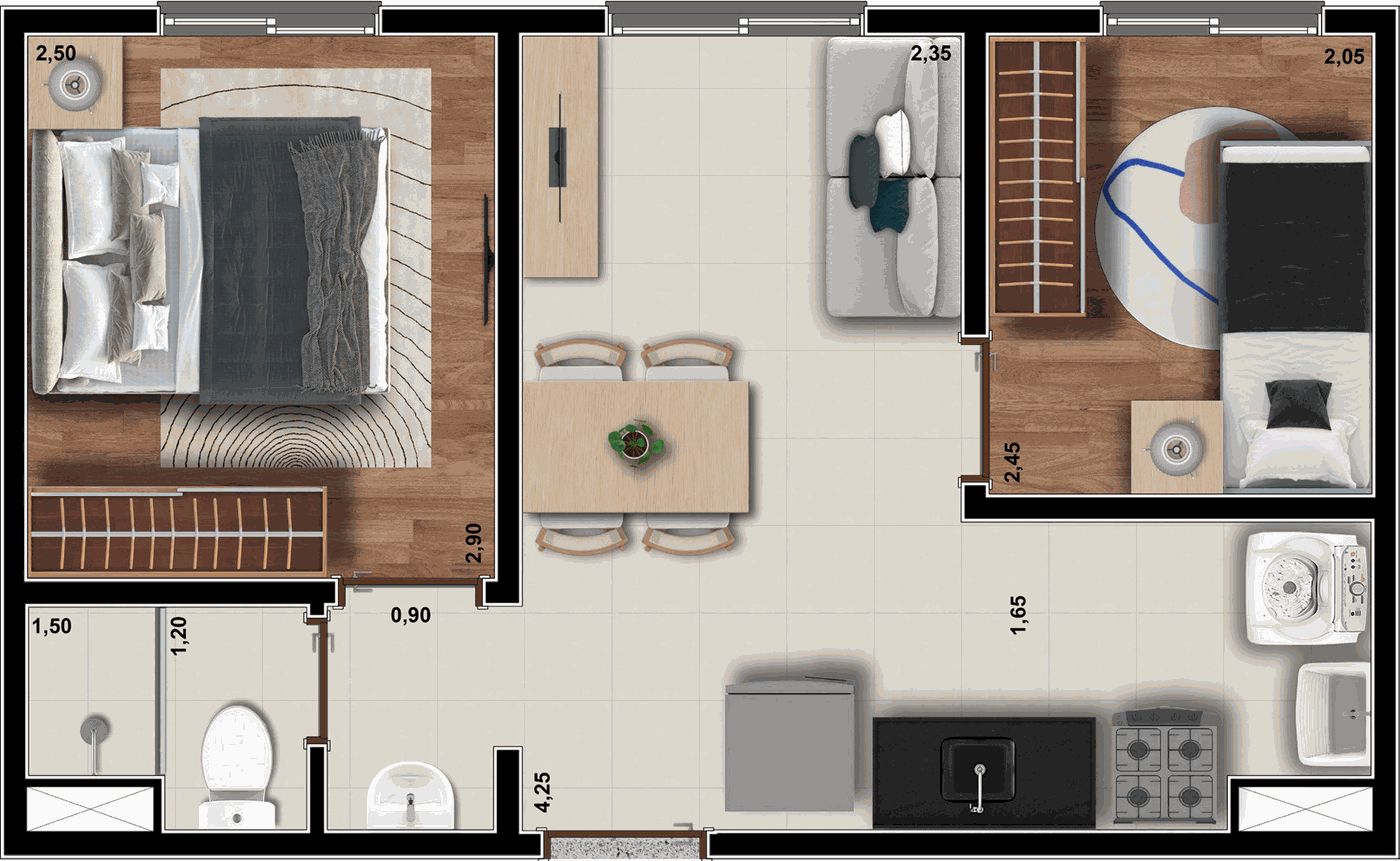 Planta do apartamento de 2 dormitórios com 33,50 m²