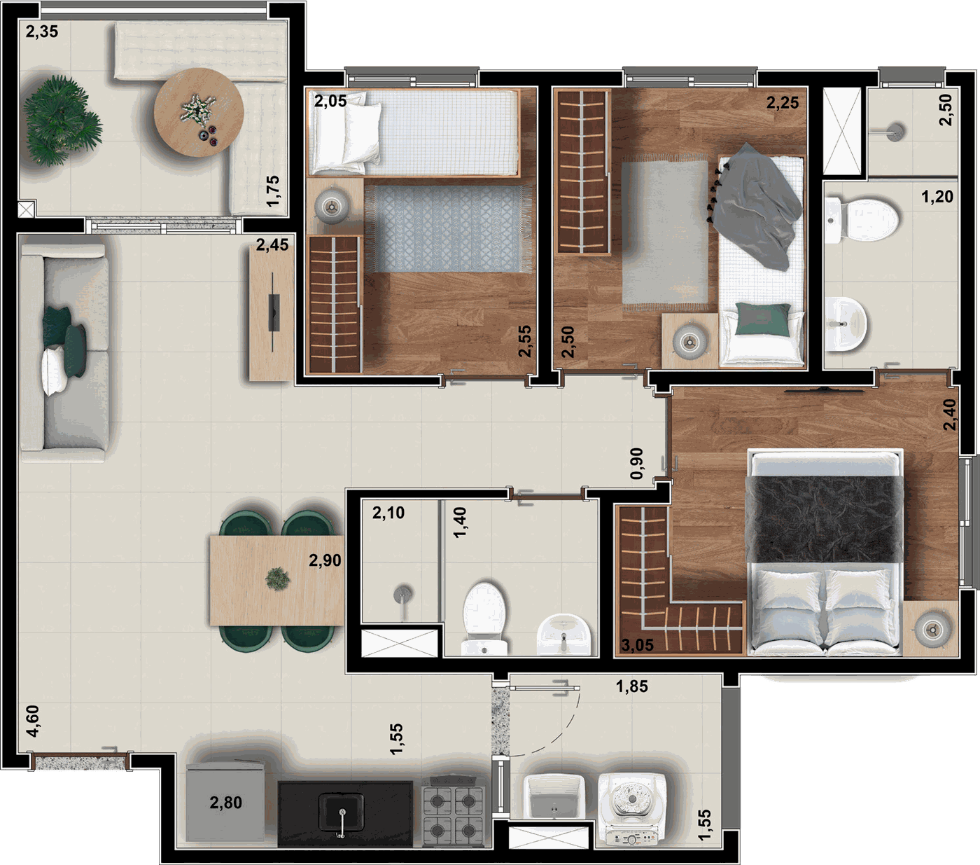 Planta do apartamento de 3 dormitórios com 57 m²