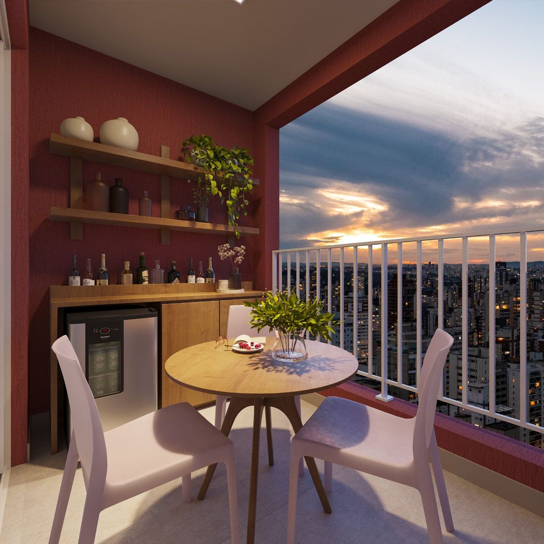 Varanda com mesa e vista da cidade